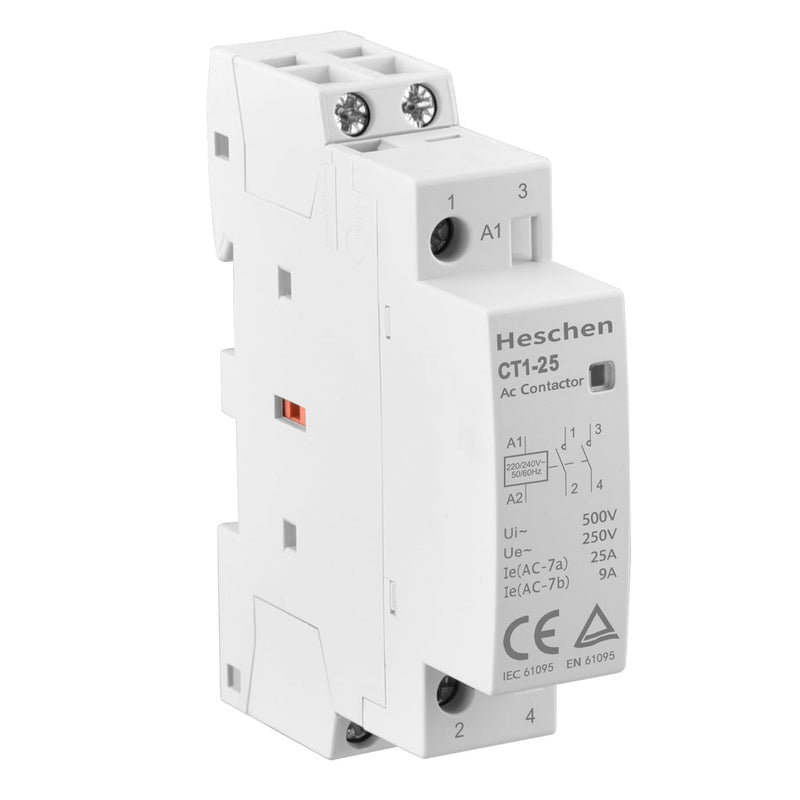 Heschen CT1-25 Household AC Contactor 2-Pole Open 220 V / 230 V Coil Voltage 35 mm DIN Rail Mount 230VAC 2NO 2P 1