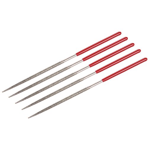sourcing map Round Diamond Needle File Stone Metal 150 Grit 2 mm x 100 mm Silver Red DE Pack of 5