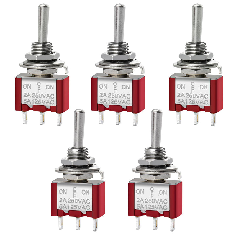 Heschen Miniature Toggle Switch MTS-123 1-Pin (On) Off(On) Button, 2A 250VAC / 5A 120VAC, Small Push Switch with Spring Reset and 3 Ports for Model Railway & DIY Electronics, Pack of 5 3 Pins (Ein)-Aus-(Ein) tastend