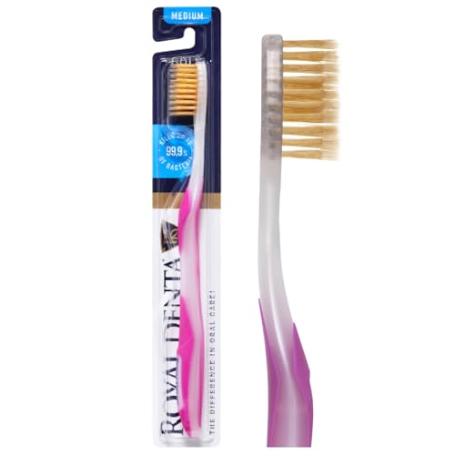 Medium Manual Toothbrush Gentle on Gums, Double Bristles for Interdental Spaces, with Gold Particles for Antibacterial Care, Ergonomic & Durable, Pink 1 pc (pack of 1)