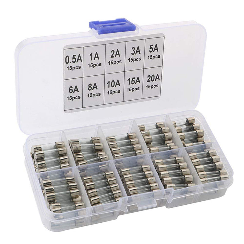 [Australia - AusPower] - QitinDasen 150 pieces professional 5 x 20 mm car glass tube fuses, quick blow glass fuses, fast blow glass fuses (0.5A, 1A, 2A, 3A, 5A, 6A, 8A, 10A, 15A, 20A) 