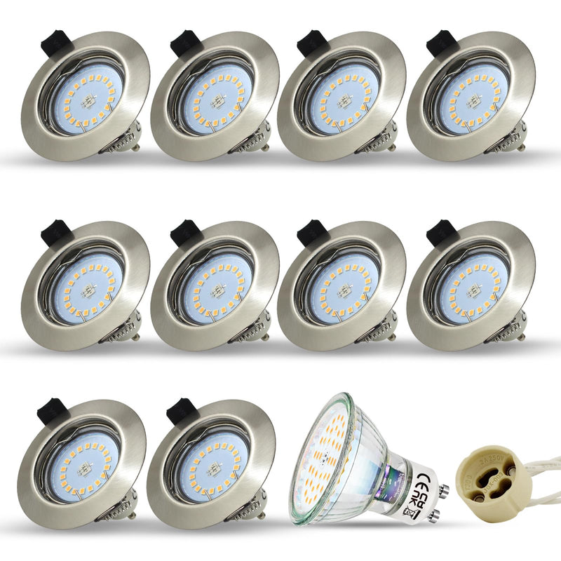 HiBay Set of 10 LED Recessed Spotlights, 230 V, GU10 Spotlights, 5 W, Warm White Ceiling Spotlights, Brushed Stainless Steel, Round + GU10 Socket | Deckenspots Edelstahl Gebürstet Rund inkl. GU10 Fassung Einbauspot für Wohnzimmer Schlafzimmer Flur Büro