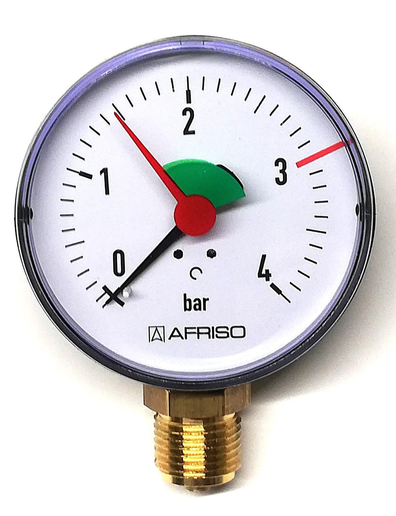 [Australia - AusPower] - Tube Spring Pressure Gauge for Heating / Sanitary - Radial, Afriso, Diameter 80 mm, DN15 (1/2 Inch), 3 Bar Marking 