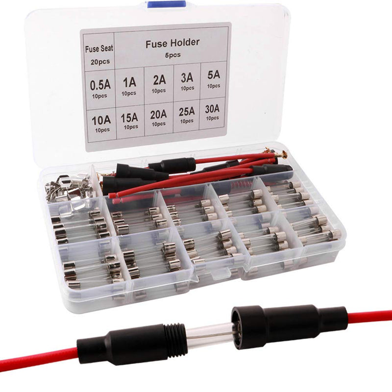 [Australia - AusPower] - QitinDasen 100 x Professional 6 x 30 mm Car Glass Tube Fuses, Quick Impact Glass Fuse, Fast Impact Glass Fuses, with 20 x Fuse Seat and 5 x AGC Fuse Holder 
