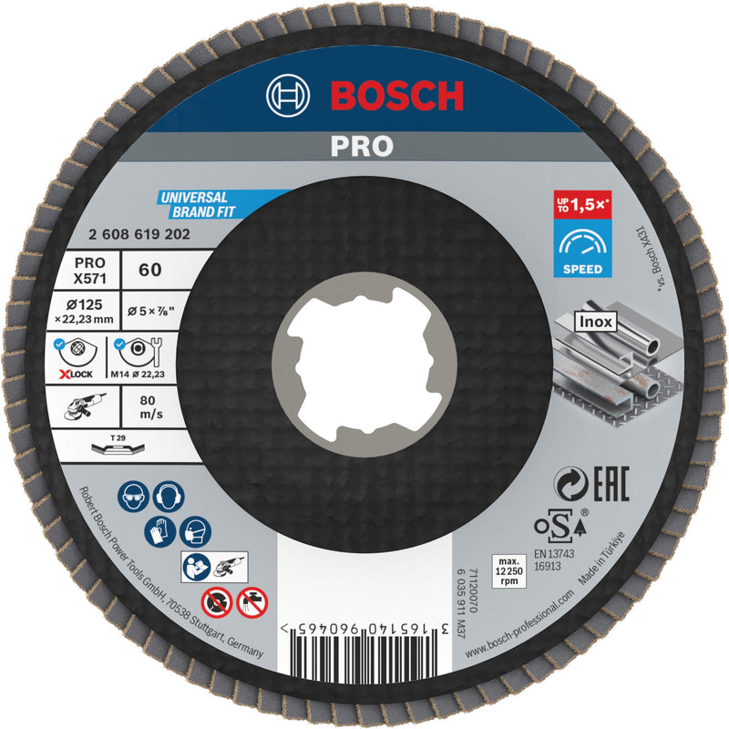 [Australia - AusPower] - Bosch 1 x Pro Metal X571 Flap Disc Angled Design for X-Lock (for Steel, Stainless Steel, Diameter 125 mm, Grit 60, Professional Accessories, Small Angle Grinder) 