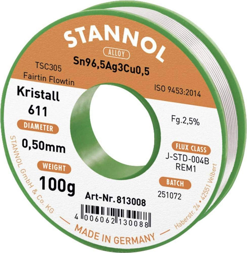 Stannol 813008 Soldering Wire Crystal 611 2.5% 0.5mm Flowtin TSC305 (Sn96, Ag3Cu0.5) Fairtin 100g Spool 0.5mm x 100g 0.5mm x 100g