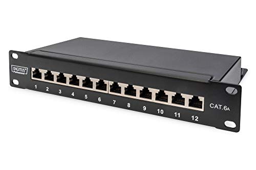 Digitus 10-inch Item | 12 x RJ45 – 10 Gbps – For 10 inch (254 mm) Network Cabinets – Patch Panel, Distribution Panel – Black Patch-Panel - Cat6A - 12 Port - Gesch. Cat6A - 12 Port - Shielded