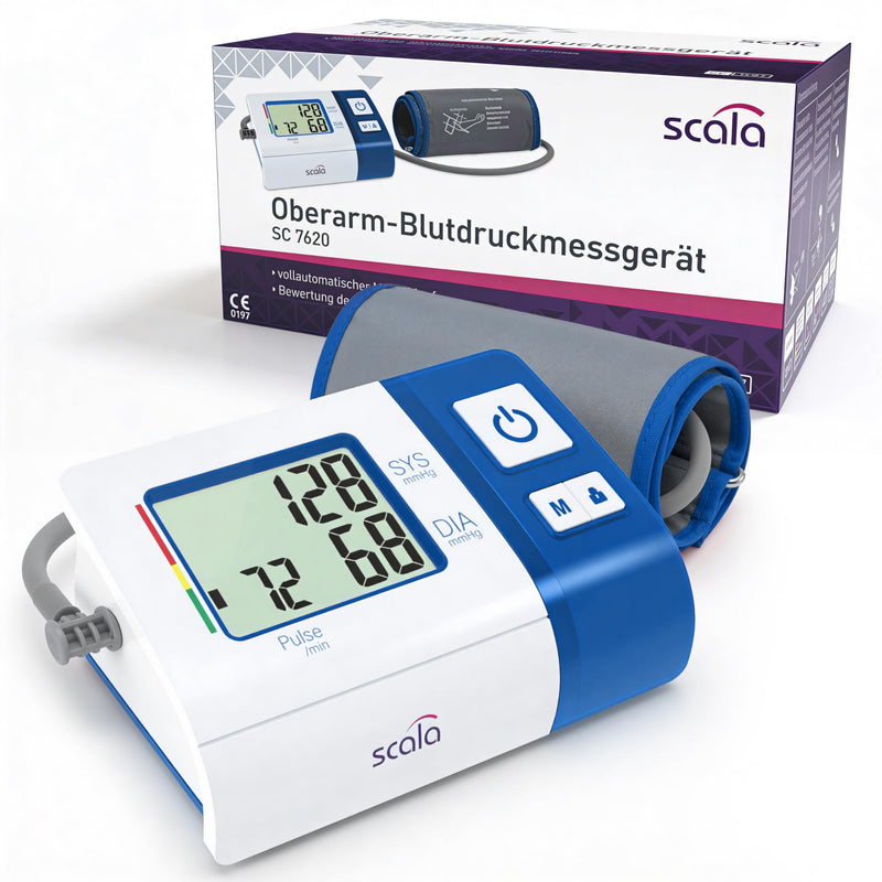 scala SC 7620 blue upper arm blood pressure monitor with compact design for home and on the go. Easy to reliably measure blood pressure independently. (L x B x H) 103 x 153 x 55 mm