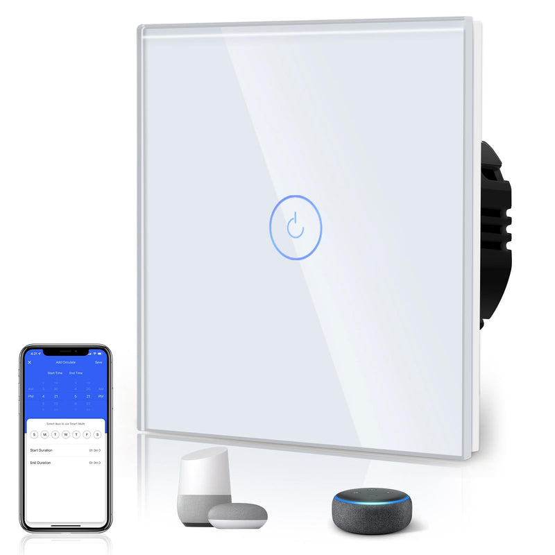 BSEED Smart Wi-Fi Touch Sensor Light Switch, Crystal Glass Plate Wall Light Switches, Works with Alexa and Google Home via Tuya, for Office Decoration, 1-Gang, 1-Way, White (Neutral Wire Required) 1 partition 1 way