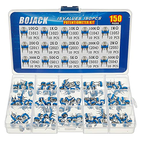 BOJACK 15 Values 150pcs 100ohm - 2M Ohm Variable Resistance 6mm Potentiometer Classification Suit Package in a Clear Plastic Box