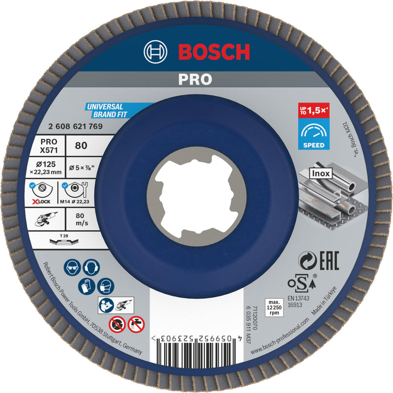 [Australia - AusPower] - Bosch 1 x Pro Metal X571 Flap Disc Angled Design for X-Lock (for Steel, Stainless Steel, Diameter 125 mm, Grit 80, Professional Accessories, Small Angle Grinder) Ø 125 mm 80 grit 
