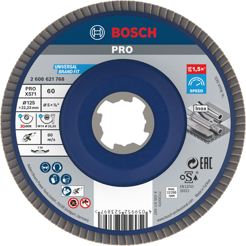 [Australia - AusPower] - Bosch 1 x Pro Metal X571 Flap Disc Angled Design for X-Lock (for Steel, Stainless Steel, Diameter 125 mm, Grit 60, Professional Accessories, Small Angle Grinder) Ø 125 mm 