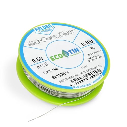 Galunoptimal Solder Tin ISO Core Soldering Wire Clear Sn100Ni+ Sn99.3CuNiGe 0.5 mm on 100 g Spool Made by Felder GmbH in Germany