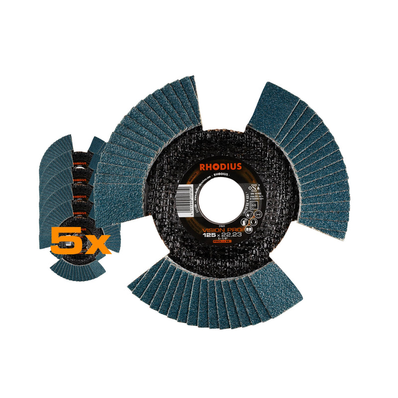 RHODIUS Vision Pro, 5 pieces, diameter 125 mm, K60 flap discs, transparent, metal, stainless steel, INOX, for angle grinders, grinding wheels, flap grinding discs | Made in Germany, transparent during turning, clear view of the workpiece, for...