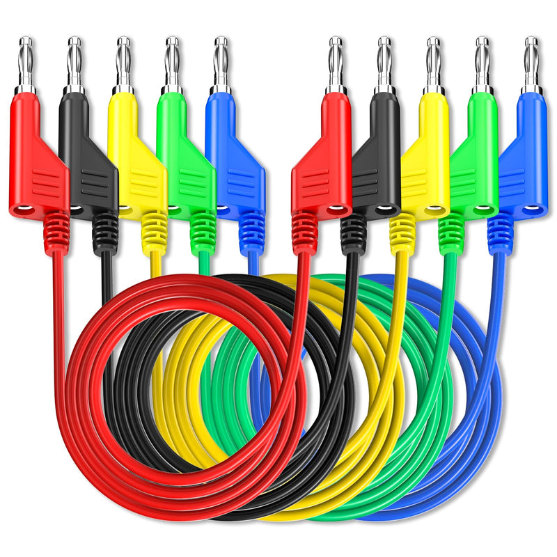 Stackable Banana to Banana Plug Test Cable 1m Pack of 5 | 4 mm banana plug, soft electrical test cable, for multimeter, 1000 V 15 A Five colours 5 Stück 1m