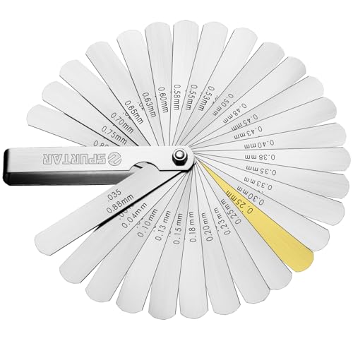 Spurtar 32 Blade Feeler Gauge Thickness Gauge 0.04-0.88 mm/0.0015-0.035 Inches | Stainless steel universal metric/imperial gap gauge for measuring gap width thickness 1× 32 blades (0.0015-0.035'')