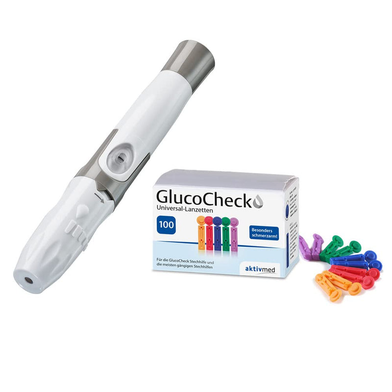 [Australia - AusPower] - GlucoCheck Lancing Aid and 100 Universal Lancets by Gluco Check (Value Set) For obtaining a drop of blood for measuring blood glucose in diabetes. 