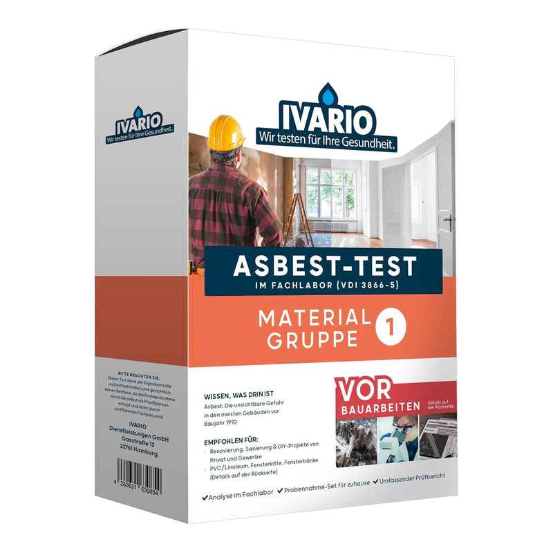 Ivario Asbestos Test Material Group 1, Laboratory Analysis | Eternit, Lenolium, window putty, cement, PVC, seals, Baufatherm, bitumen adhesive, cushion vinyl