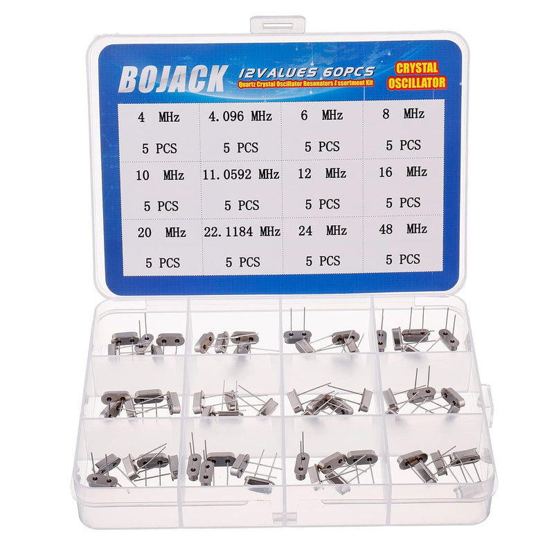 BOJACK 12 Values 60 Pieces Quartz Crystal Oscillator 4MHz, 4.096MHz, 6MHz, 8MHz, 10MHz, 11.0592MHz, 12MHz, 16MHz, 20MHz, 22.1184MHz, 24MHz, 48MHz Crystal Resonators Assortment Kit