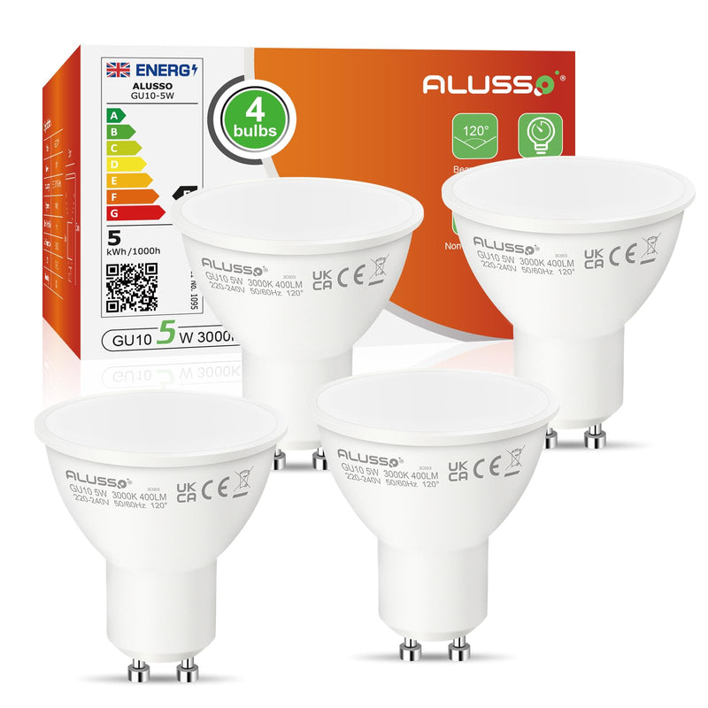 [Australia - AusPower] - ALUSSO GU10 LED Bulb 5 W Warm White 3000 K LED Light Bulb 400 Lumen Replaces 50 W Halogen Bulbs, 120° Beam Angle Spotlight, Not Dimmable, Pack of 4 5w, Warm White 3000k 4 pcs (pack of 1) 