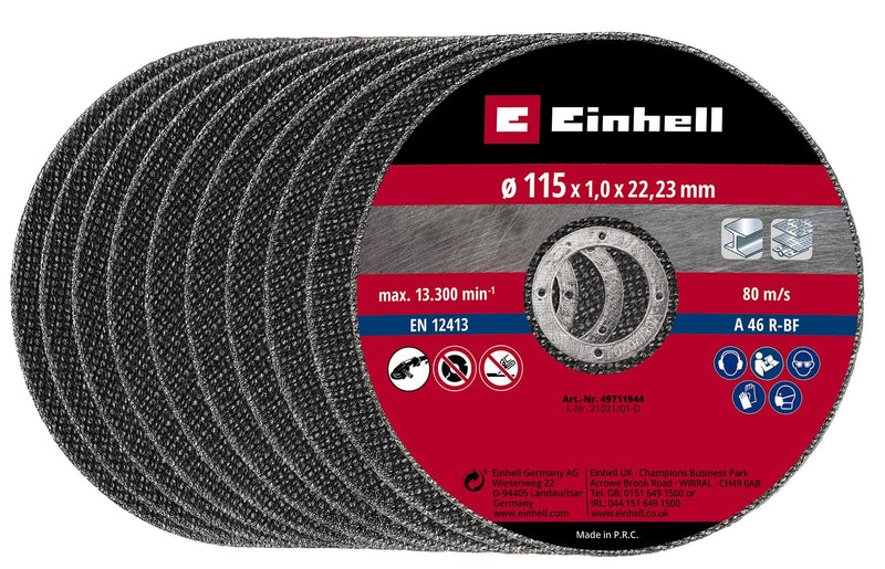 [Australia - AusPower] - Original Einhell Cutting Disc Set Thin 115 x 1.0 mm (Angle Grinder Accessories, 10 Pieces, Diameter 115 x 1.0 x 22.23 mm, Max. 13,300 rpm, Extra Thin for Little Material Loss) 
