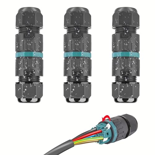 HOSPAOP Cable Connector Waterproof 5-Pin IP68 Connection Sleeve Earth Cable Junction Box for Diameter 5-14 mm Cable Diameter, Outdoor Waterproof Connection Box Black, Pack of 3, Plastic 3 pieces - 5 pin