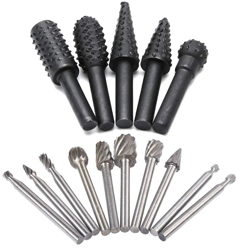 [Australia - AusPower] - Saipor 10 Pieces 3 mm Shank Rotary Burr HSS Milling Cutter Set Wood for Dremel Multifunctional Tool and 5 Pieces 6 mm Shank Rasp Cutter Wood Milling Cutter Suitable for Drill 