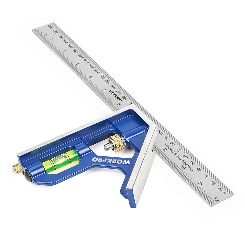 [Australia - AusPower] - WORKPRO Combination Square 300 mm, Try Square Universal Angle with Spirit Level and Scribe Needle, Adjustable Protractor Made of Stainless Steel 90/45 Degree Measuring Tool with Zinc Alloy Handle 300mm 
