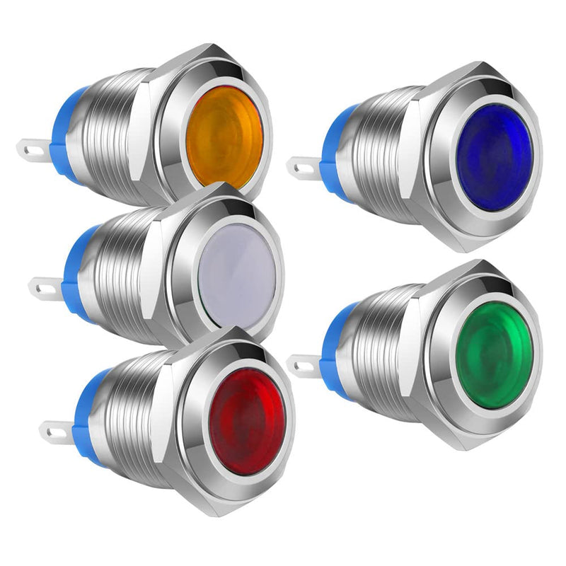 Gebildet 5pcs 12 mm AC/DC 12-24V Stainless Steel Waterproof LED Indicator Light and in 5 Colors Red/Orange/Blue/Green/White Mix 5 Colors