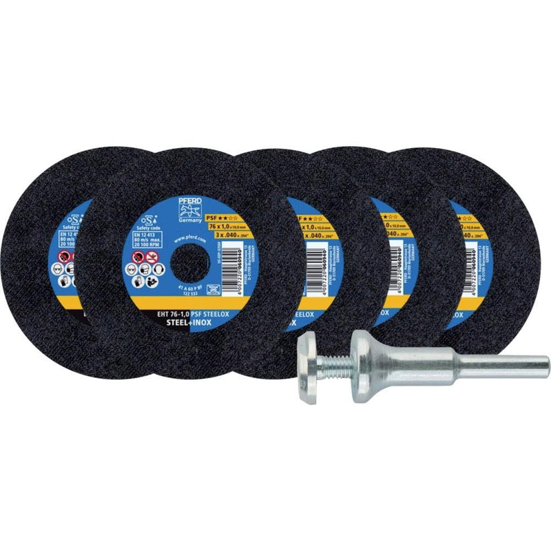 PFERD Tools Starter Kit 6-Piece | 5x Straight Cutting Disc PSF Steelox 76 x 1.0 x 10.0 mm + Tool Holder for Straight Grinder | 69198288 - for Steel and Stainless Steel (INOX) Pferd starter kit 6 pieces