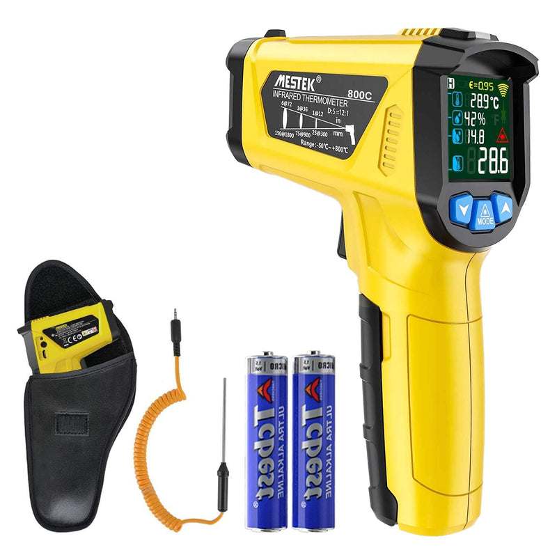 [Australia - AusPower] - MESTEK Digital Infrared Thermometer Pyrometer Laser with K-Probe -50 °C to 800 °C Non-Contact with Colour LCD Alarm Function Adjustable Emission Level Kitchen 