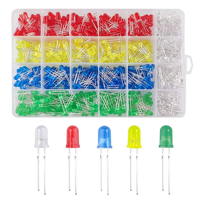 YIXISI 600 pieces 5 mm LED light emitting diode set, round head LED, 5 colors (120 pieces of each color), white, red, yellow, green, blue 5 Mm - 5 Colors - 600 Pieces