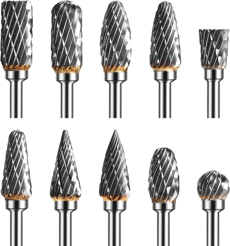 [Australia - AusPower] - Carbide Burr, Tungsten Carbide Rotary Cutter Set 3 mm Shank 6 mm Grinding Head Carving Cutter for Woodworking Carving Metal Polishing Engraving (Pack of 10) 