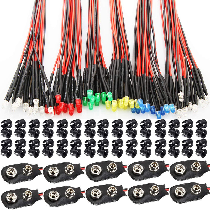RUNCCI-YUN 60 pieces 3 mm LEDs with 20 cm cable, DC 12 V, pre-wired diode light (red, yellow, green, white, warm white, blue) + plastic mounting rings + 9 V battery terminal 3 mm and red, blue, green, white, yellow, orange