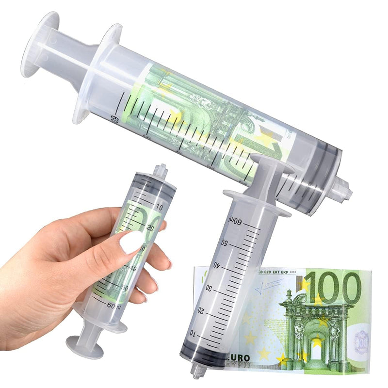 Set of 2 financial syringes, money injector, money gift, liquidity syringe, 60 ml/piece.