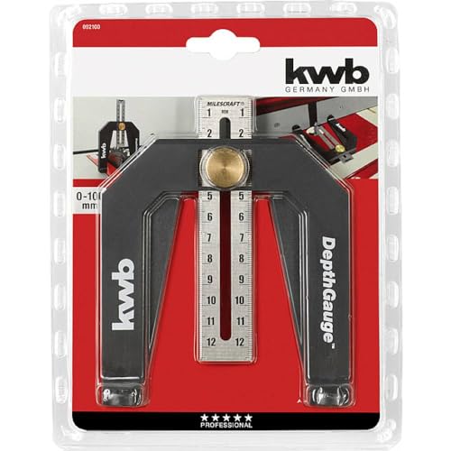 kwb Depth Gauge for Routers and Table Saws, 118 x 128 x 22 mm | Analog setting gauge | 2 measuring scales in cm and inches | Infinitely adjustable | Stainless steel measuring tongue | Incl. locking screw