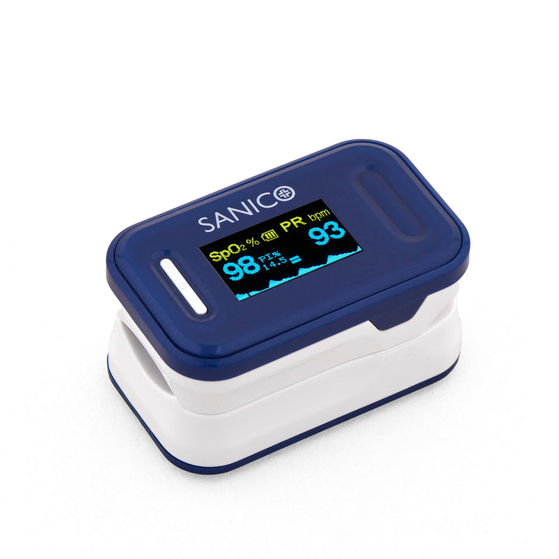[Australia - AusPower] - SANICO Pulse Oximeter - Digital Heart Rate Monitor, European Brand, Perfusion Index and Blood Oxygen Saturation SpO2 6-Way Adjustable Colour Display - Batteries Included 