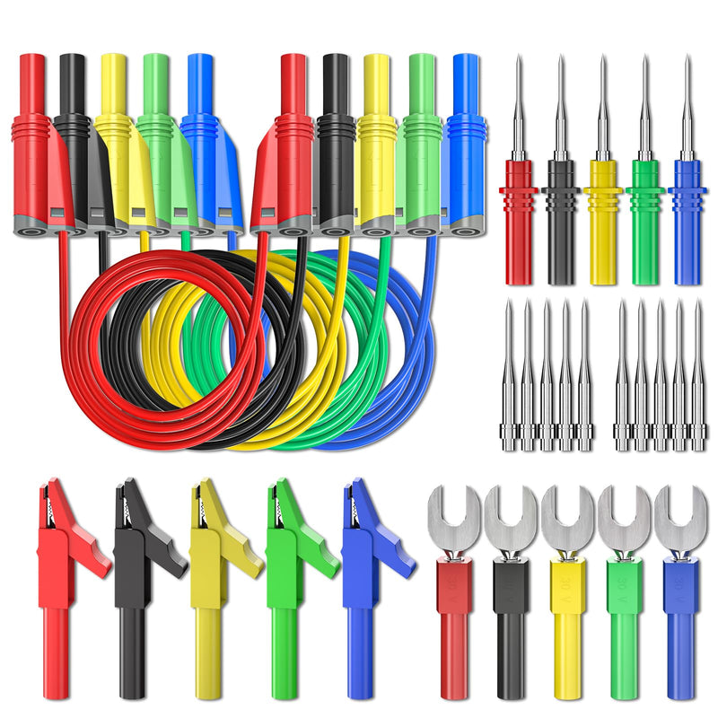 [Australia - AusPower] - Cleqee Pack of 30 Banana Plugs Silicone Test Leads Kit 4 mm Fully Insulated Safety Coated Stackable Banana Plugs with Alligator Alligator Alligator Clips Test Fork Back Sample Pins for Multimeter Five colours Silikon-Messleitungen Kit 