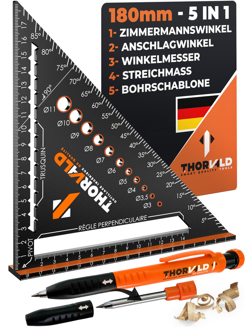 [Australia - AusPower] - THORVALD Zimmermannswinkel 5-in-1 - Protractor Try Square + Deep Hole Marker - Aluminium Angle with 180 mm Side Length for Precise Marking & Drawing / Multifunctional Perfect to Save Time 180mm + Pencil 