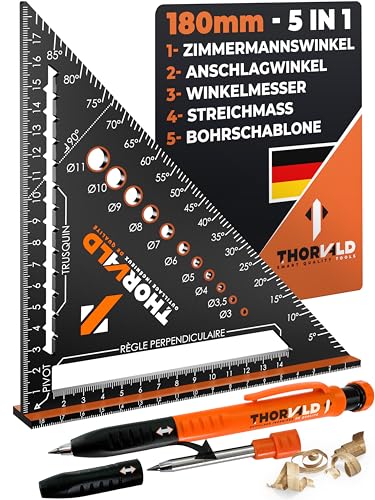 THORVALD Zimmermannswinkel 5-in-1 - Protractor Try Square + Deep Hole Marker - Aluminum Angle with 180 mm Side Length for Precise Marking & Drawing / Multifunctional Perfect to Save Time Angle 180 mm + pencil