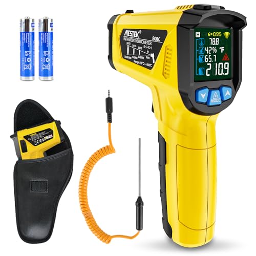 Infrared Thermometer MESTEK Temperature Meter Digital Laser IR Pyrometer K-Probe -50°C ~ 800°C Non-Contact with Color LCD Alarm Function Adjustable Emissivity for Kitchen Grill Automotive IR02C-Yellow