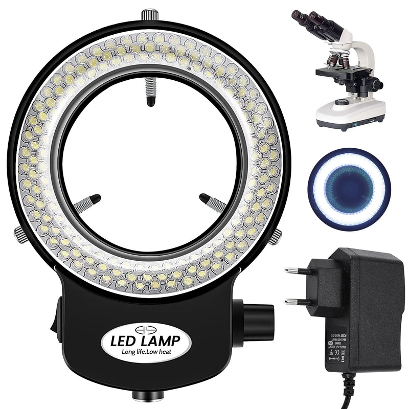 LED Microscope Ring Light, Optical Stereo Microscope Ring Light, 0-100% Brightness Adjustable, 6000 K Super Microscope Camera Lamp with 144 LED Beads, Jewelery Repair Lamp (EU Plug, Black)