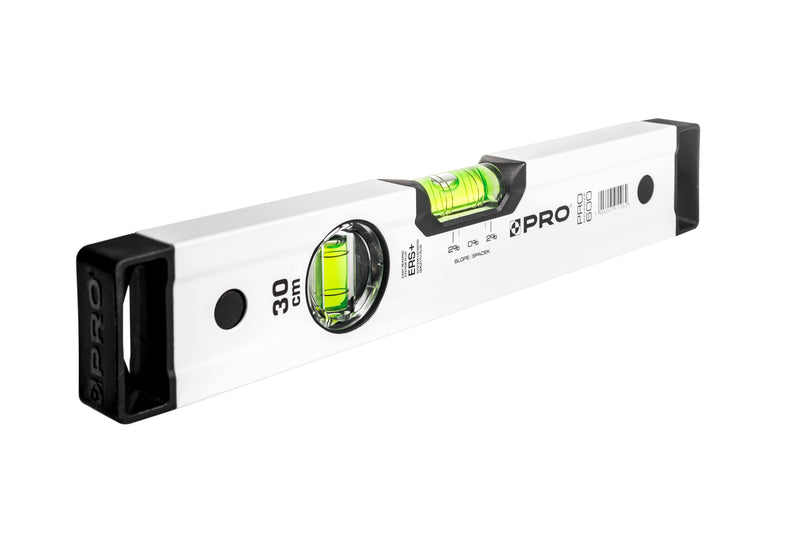 [Australia - AusPower] - PRO 600 Spirit Level 30 cm with 2% Gradient - Ergonomic Profile and ERS+ (Easy Reading System) Precise Spirit Level - Anti Shock Absorber End Caps - Colour White 30cm 