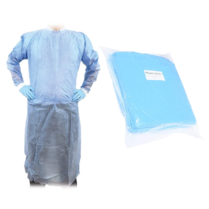 10 x Disposable Waterproof 40 GSM Protective Gowns - Non-Woven Fabric with 25% Polypropylene & 15% Polyethylene - CE One Size - Protection Category Class I - Professional Quality - Blue - Dmm-Europe
