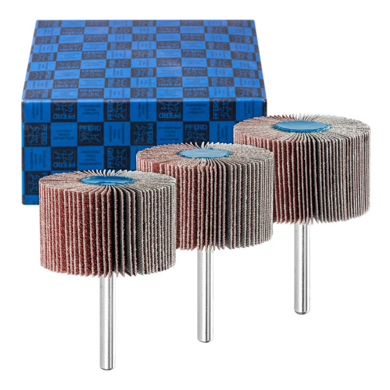 PFERD TOOLS Flap Grinder Set F, 3-Piece | Corundum Diameter 50 x 30 mm Shaft Diameter 6 mm A60, 80, 120 | 44498004 - for Fine Sanding & Finish Grit 60 - 120 50x30 mm 6 mm shaft diameter