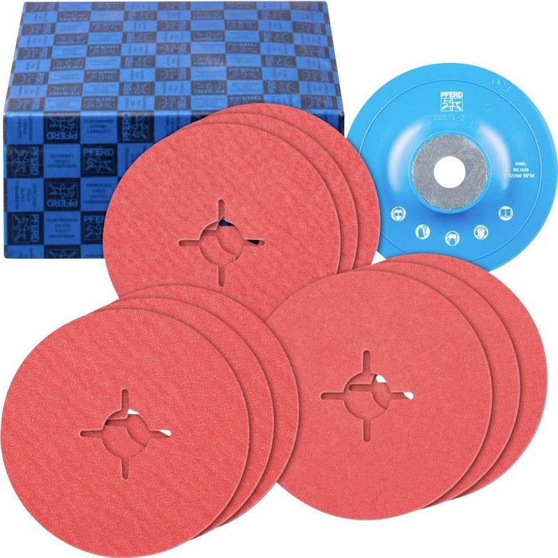 [Australia - AusPower] - PFERD Fibre Disc Set, 10 Pieces | Ceramic Grain Diameter 125 mm CO-COOL 36, 60, 80 with High Performance Support Plate | 64198002 - Premium // CO-COOL Körnung 36-80 