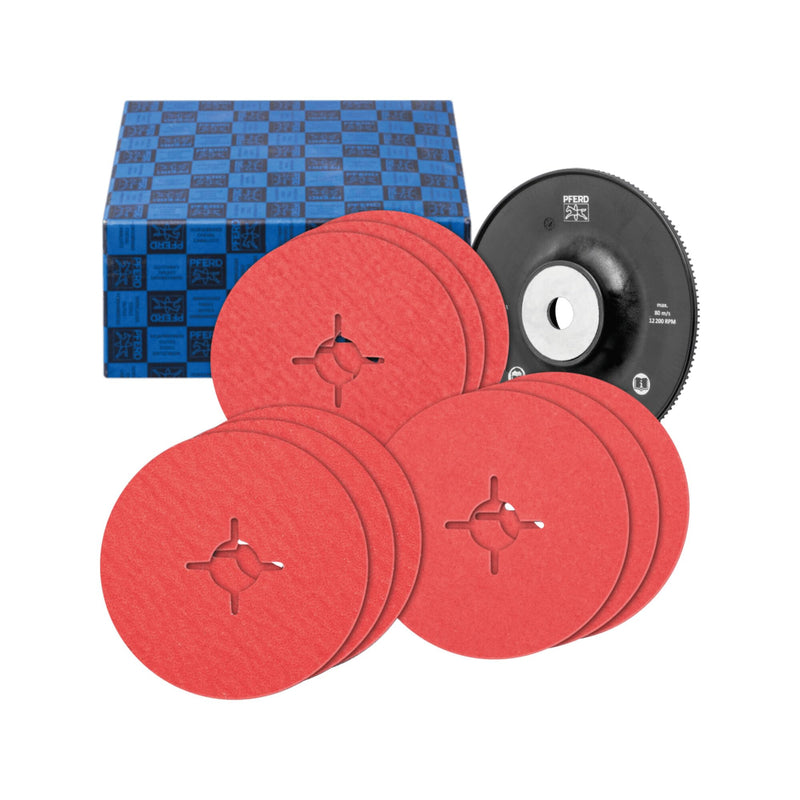 PFERD Tools Fiber Disc Set, 10 Pieces, Ceramic Grain Diameter 125 mm, CO-COOL 36, 60, 80 with High Performance Support Plate, 64198002 - for Cool Sanding on Stainless Steel Premium // CO-COOL grit 36-80
