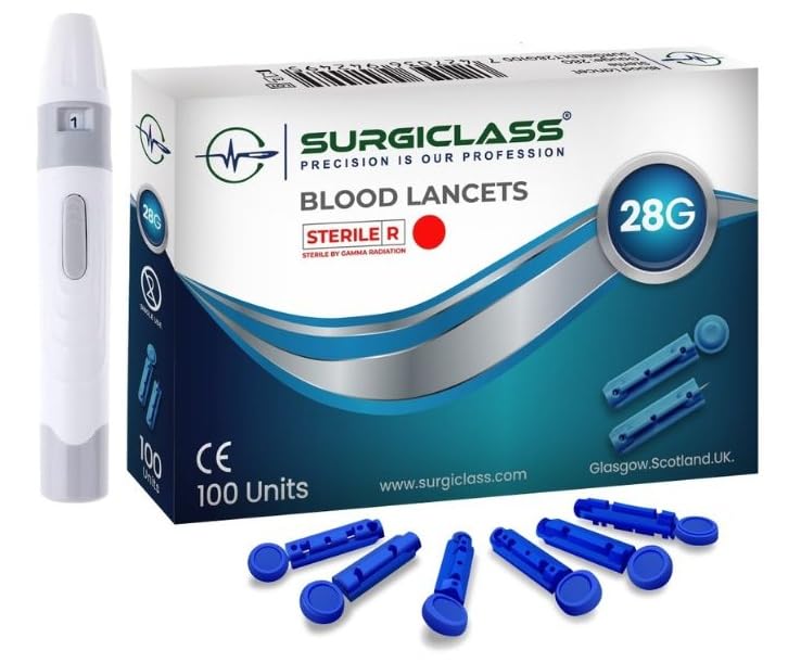 Blood Lancets Sterile Size 28G, Pack of 100, Compatible with SD CodeFree, Medisana, Easy Blood Sample Removal, e.g. for Diabetes Measurement in Blood Sugar BLD28G100+DE