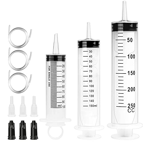 3 Packs Plastic Syringes with 3 Plastic Tubes for Oil or Glue Applicators, Experiments, Pet Feeding, Industrial Applications (100 ml + 150 ml + 250 ml)