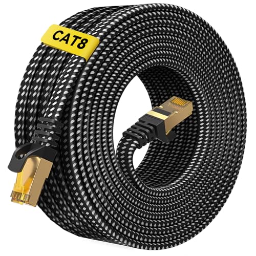Cat 7 Ethernet Cable 15m, ARISKEEN Cat7 Braided Flat High Speed (10Gbps 600Mhz/s) Gigabit Rj45 STP Shielded Internet Network LAN Patch Cable Wire for Router Modem Patch Panel 15 m
